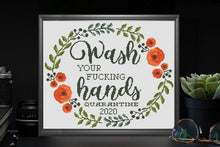 Load image into Gallery viewer, Cross Stitch Pattern Bathroom, quarantine cross stitch, subversive Cross Stitch Pattern,Floral wreath cross stitch, Wash your hands cross
