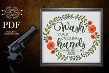 Load image into Gallery viewer, Cross Stitch Pattern Bathroom, quarantine cross stitch, subversive Cross Stitch Pattern,Floral wreath cross stitch, Wash your hands cross
