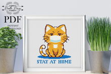 Load image into Gallery viewer, Cat cross stitch pattern, quarantine cross stitch, cute cat cross stitch, embroidery pattern, instant download PDF chart, stay at home
