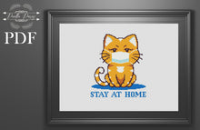 Load image into Gallery viewer, Cat cross stitch pattern, quarantine cross stitch, cute cat cross stitch, embroidery pattern, instant download PDF chart, stay at home
