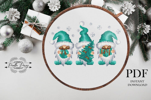 Modern Christmas cross stitch pattern, Turquoise Gnomes cross stitch pattern, Set of 3 Gnomes,  PDF