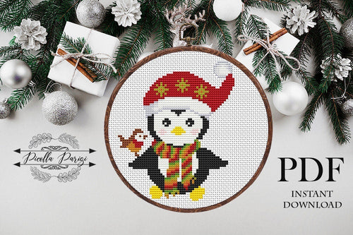 Christmas penguin Modern Cross Stitch Pattern, easy cross stitch chart, Instant download PDF