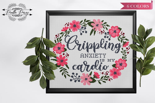 Subversive cross stitch Floral Cross stitch Funny cross stitch Flower Wreath cross stitch rude Crippling anxiety, download PDF pattern