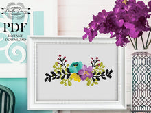 Load image into Gallery viewer, Floral cross stitch pattern, rose flowers cross stitch PDF circle, floral border, beautiful flowers ,xstitch chart pillow, home decor
