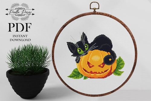 Halloween Modern Cross Stitch Pattern, cat cross stitch chart, pumpkin embroidery PDF