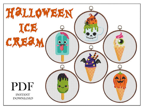 Halloween Modern Cross Stitch Pattern, ice cream cross stitch pattern, Halloween embroidery PDF