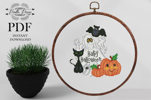 Halloween Modern Cross Stitch Pattern, cat cross stitch chart, pumpkin embroidery PDF