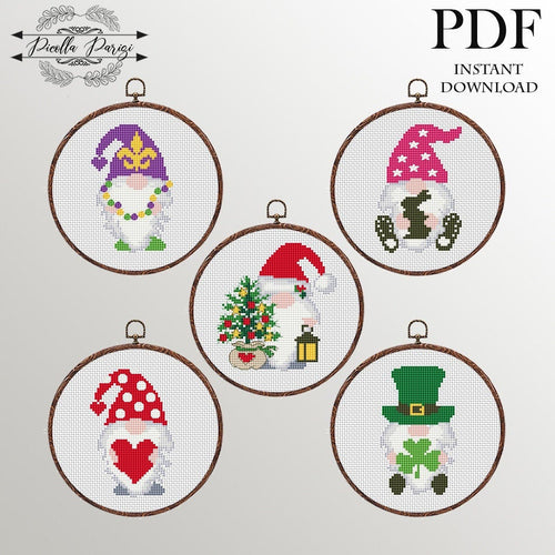 Holiday gnomes cross stitch pattern set, Easter Gnome cross stitch, Patrics day gnome, Mardi gras gnome, Valentnes day gnome Christmas gnome