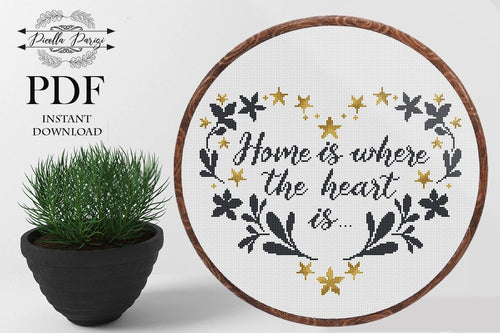 Home is where the heart is cross stitch pattern Floral wreath cross stitch Quote xstitch pdf