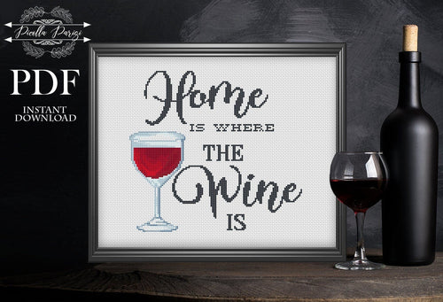 Home is where the wine is flower wreath cross stitch pattern, floral cross stitch ,xstitch chart pillow, home decor, download PDF wine lover