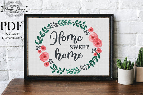 Home sweet home, Floral wreath cross stitch pattern, download PDF, embroidery design, xstitch chart, pillow flower,rose flowers stitch