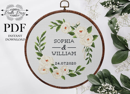 Wedding cross stitch pattern, Floral wreath cross stitch chart Custom cross stitch  white rose cross stitch pattern pdf