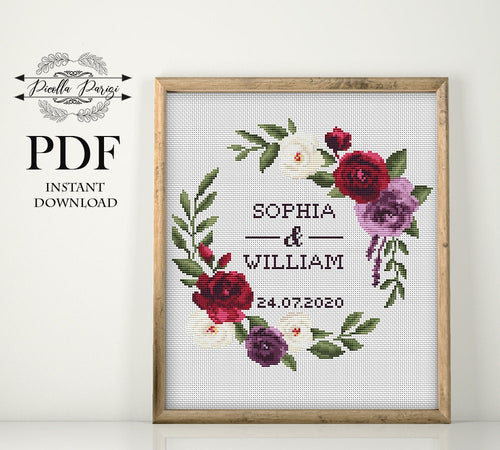 Wedding cross stitch pattern, Floral wreath cross stitch chart, Custom cross stitch, Personalized cross stitch Bordo rose cross stitch