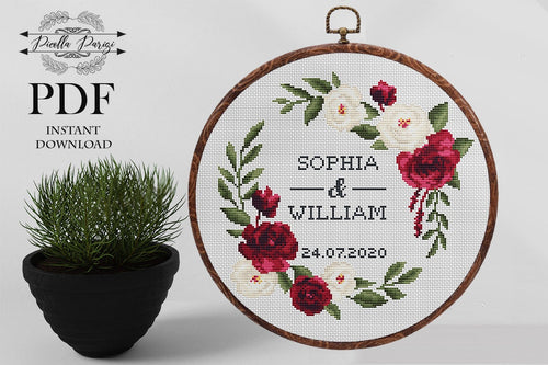 Wedding cross stitch pattern, Floral wreath cross stitch chart, Custom cross stitch, personalized cross stitch Red rose cross stitch pattern