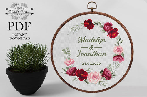 Wedding cross stitch patterns Floral wreath cross stitch chart custom cross stitch flower personalized