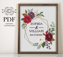 Load image into Gallery viewer, Wedding cross stitch pattern, Floral wreath cross stitch chart, Custom cross stitch, Personalized cross stitch Purple rose cross stitch, pdf
