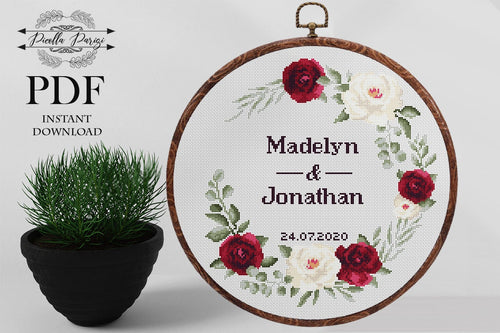 Wedding cross stitch pattern, Floral wreath cross stitch chart, Custom cross stitch, Personalized cross stitch Bordo rose cross stitch, pdf