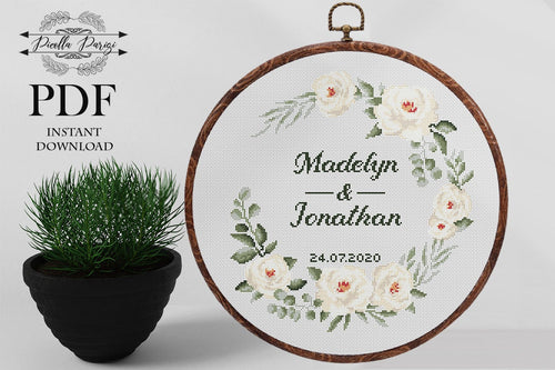 Wedding cross stitch patterns Floral wreath cross stitch chart custom cross stitch flower personalized, pdf