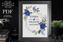 Load image into Gallery viewer, Wedding cross stitch pattern, Floral wreath cross stitch chart, custom cross stitch, flower personalized, blue rose cross stitch pattern pdf
