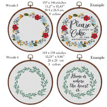 Load image into Gallery viewer, Wreath cross stitch pattern, Floral wreath cross stitch chart, custom cross stitch, flower personalized, set
