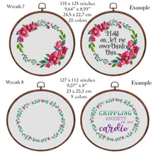 Load image into Gallery viewer, Wreath cross stitch pattern, Floral wreath cross stitch chart, custom cross stitch, flower personalized, set
