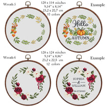 Load image into Gallery viewer, Wreath cross stitch pattern, Floral wreath cross stitch chart, custom cross stitch, flower personalized, set
