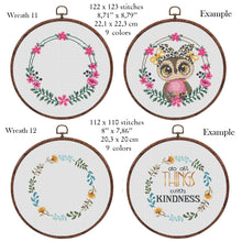 Load image into Gallery viewer, Wreath cross stitch pattern, Floral wreath cross stitch chart, custom cross stitch, flower personalized, set
