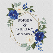 Load image into Gallery viewer, Wedding cross stitch pattern, Floral wreath cross stitch chart, custom cross stitch, flower personalized, blue rose cross stitch pattern pdf
