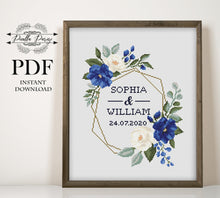 Load image into Gallery viewer, Wedding cross stitch pattern, Floral wreath cross stitch chart, custom cross stitch, flower personalized, blue rose cross stitch pattern pdf
