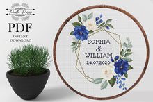 Load image into Gallery viewer, Wedding cross stitch pattern, Floral wreath cross stitch chart, custom cross stitch, flower personalized, blue rose cross stitch pattern pdf
