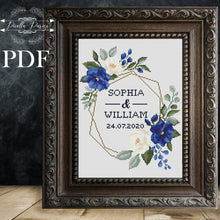 Load image into Gallery viewer, Wedding cross stitch pattern, Floral wreath cross stitch chart, custom cross stitch, flower personalized, blue rose cross stitch pattern pdf
