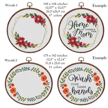 Load image into Gallery viewer, Wreath cross stitch pattern, Floral wreath cross stitch chart, custom cross stitch, flower personalized, set
