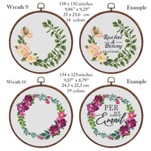 Load image into Gallery viewer, Wreath cross stitch pattern, Floral wreath cross stitch chart, custom cross stitch, flower personalized, set
