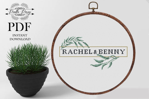 Wedding cross stitch pattern, Floral wreath cross stitch chart Custom cross stitch Personalized cross stitch Green leaf cross stitch pattern