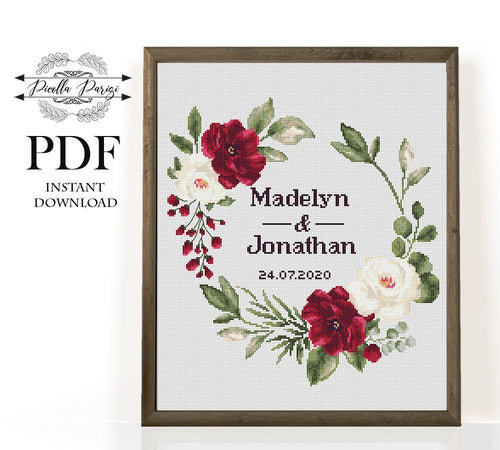 Wedding cross stitch pattern, Floral wreath cross stitch chart, custom cross stitch, flower personalized burgundy