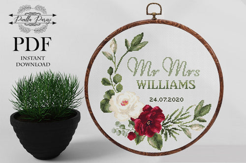 Wedding cross stitch pattern, Floral wreath cross stitch chart, custom cross stitch, flower personalized