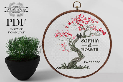 Wedding cross stitch patterns Floral wreath cross stitch chart custom cross stitch flower personalized Tree cross stitch pdf