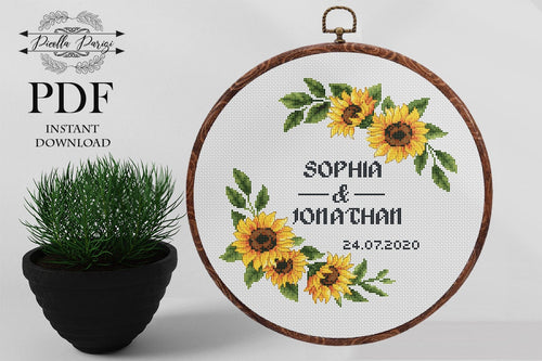 Wedding cross stitch pattern, Floral wreath cross stitch chart, custom cross stitch, flower personalized, sunflower  cross stitch