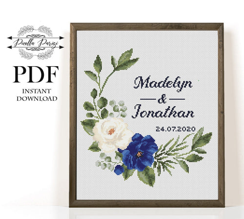 Wedding cross stitch pattern, Floral wreath cross stitch chart, custom cross stitch, flower personalized, blue rose