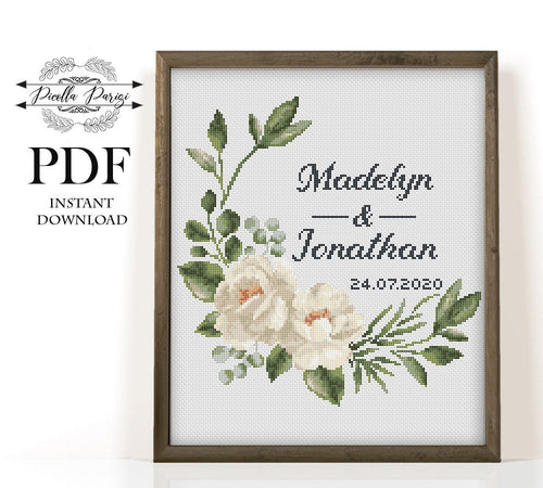 Wedding cross stitch pattern, Floral wreath cross stitch chart, custom cross stitch, flower personalized, white rose