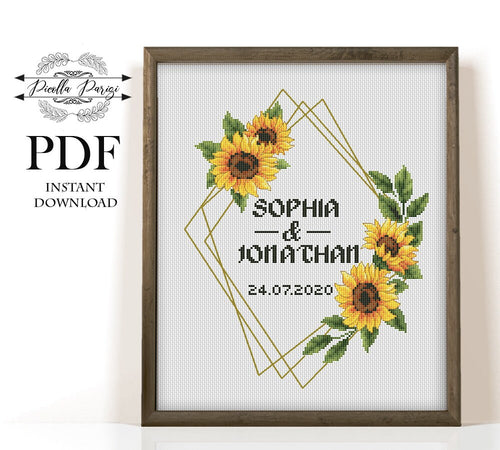 Wedding cross stitch pattern, Floral wreath cross stitch chart, custom cross stitch, flower personalized, sunflower  cross stitch