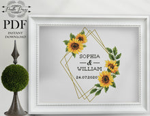 Load image into Gallery viewer, Wedding cross stitch pattern, Floral wreath cross stitch chart, custom cross stitch, flower personalized, sunflower  cross stitch
