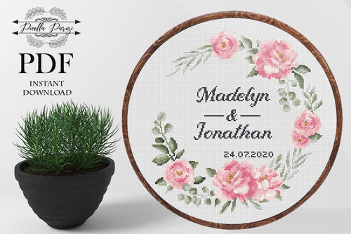 Wedding modern cross stitch pattern, personalized counted cross stitch chart wedding gift DIY , love, anniversary, PDF download , pink rose