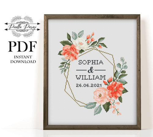 Wedding modern cross stitch pattern, personalized counted cross stitch chart wedding gift DIY , love, anniversary, PDF download , peach rose