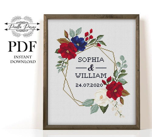 Wedding modern cross stitch pattern, personalized counted cross stitch chart wedding gift DIY, love anniversary, PDF download, blue red rose