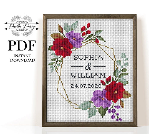 Wedding modern cross stitch pattern, personalized counted cross stitch chart wedding gift DIY ,  anniversary, PDF download  red purple rose