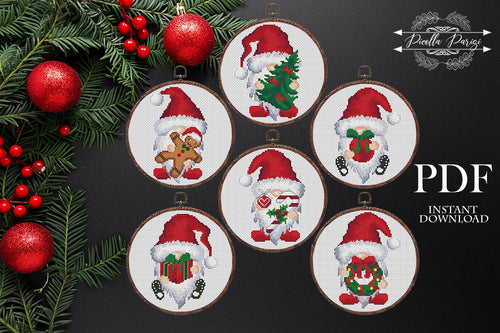 Modern Christmas cross stitch pattern, Gnomes cross stitch pattern, Merry Christmas cross stitch pattern, Set of 6 Gnomes,  PDF