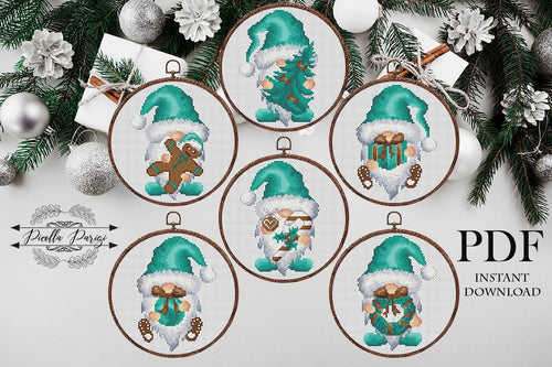 Modern Christmas cross stitch pattern, Gnomes cross stitch pattern, Merry Christmas cross stitch pattern, Set of 6 Gnomes Turquoise,  PDF