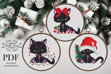 Load image into Gallery viewer, Christmas cats Modern Cross Stitch Pattern set of 3, easy counted cross stitch, instant download PDF
