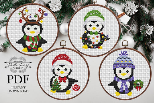 Christmas penguin Modern Cross Stitch Pattern Set, easy cross stitch chart, penguin set 4, Instant download PDF